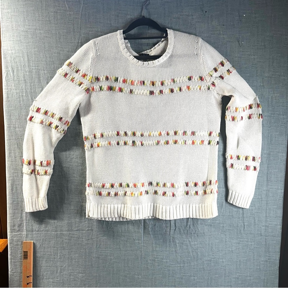 Talbots L White Knit Crewneck Sweater Multi-Color Embroidered Textured Stripes